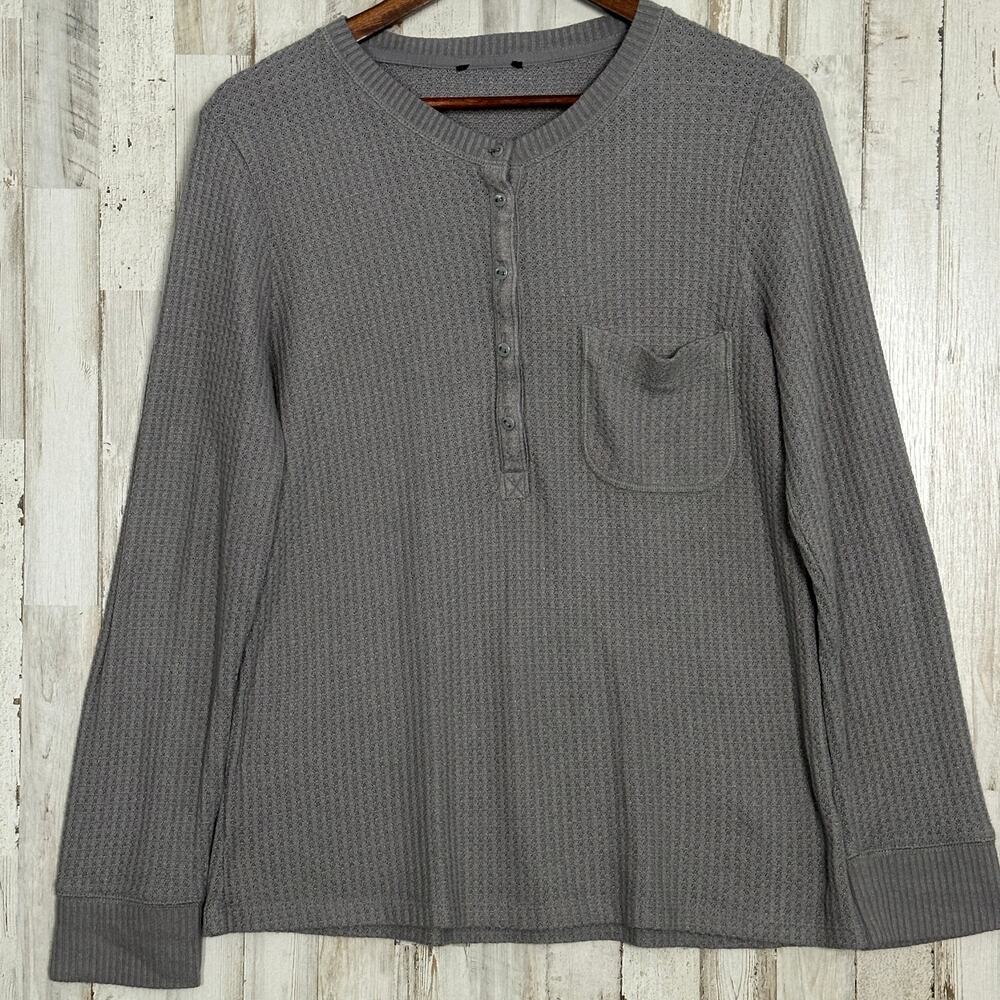 J Crew Thermal Waffle Henley Shirt Size Large Gray Top Loungewear Preppy VGUC